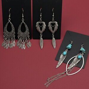 Luxe Silvertone Earring Bundle: Artisan, Feather & Turquoise Set Of Three Pair